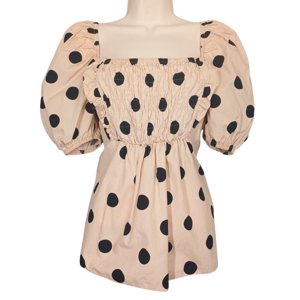 RIVER ISLAND Top Polka Dot Puff Sleeve Cream Black Print Smocked Ruffle Top